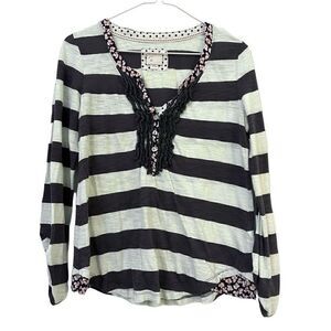 Anthropologie 9-H15 Stcl Ruffle Mixed Media Long Sleeve Top Gray White Small